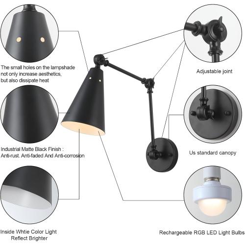 MWZ Black Swing Arm Wireless Rechargeable Sconces Set of 2,Battery Operated Dimmable 12 RGB Color Cordless Wall Lamp with Remote,Cone Indoor Non Hardwired Wall Mounted Light Fixture for Bedside