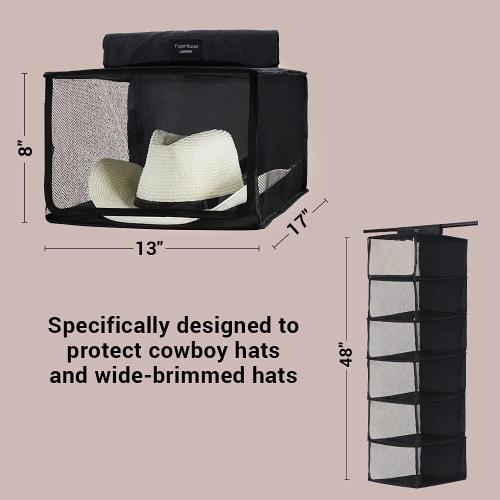 Size XL TreeHouse London Cowboy Hat Rack Storage with Dust Cover - XL 6 Shelf Hanging Hat Organizer for Men and Womens Closets - Hanging Closet Cowboy Cap Hat Holder for Wide Brimmed Hats & Clothes