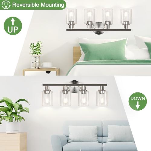 4-Light Bathroom Light Fixtures, Brushed Nickel Modern Vanity Lights Over Mirror with Clear Glass Shade, Bathroom Wall Lamp for Mirror Kitchen Living Room Hallway Cabinet Porch Bedroom Reading room