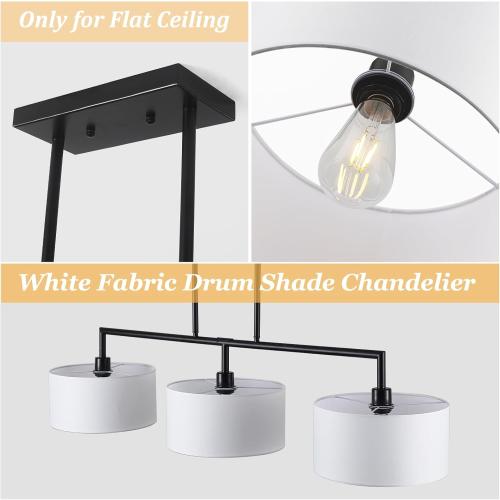47 W Modern Linear Kitchen Island Pendant Light Fixture 3-Light White Linen Drum Shade Chandelier Black Metal Linear Chandeliers for Dining Room Farmhouse Hanging Light for Living Room, Bar, E26