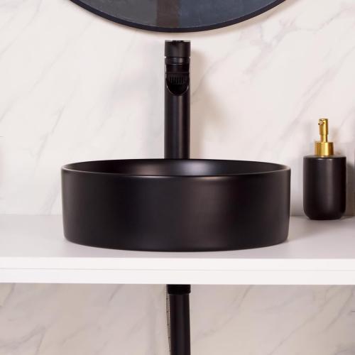 14x14 Round Bathroom Vessel Sink Black, Small Bathroom Sinks Modern Above Counter Ceramic Countertop Vessel Vanity Sink, Lavatory Vanity Art Basin, Countertop Bathroom Sink (missing piece)