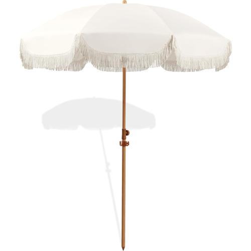 6.5ft Patio Umbrella with Fringe, Beach Umbrella, Fringe Umbrella Outdoor Patio with Hanging Hook, Tilting Aluminum Pole, UV 50 , Fiberglass Ribs, Elegant Cream
