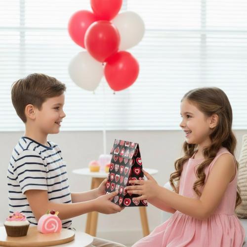 SUNCOLOR 30 Pack Red Heart Party Favor Bags Goodie Bags for Kids Class Party Gift Bags/Valentines Day/Mother's day
