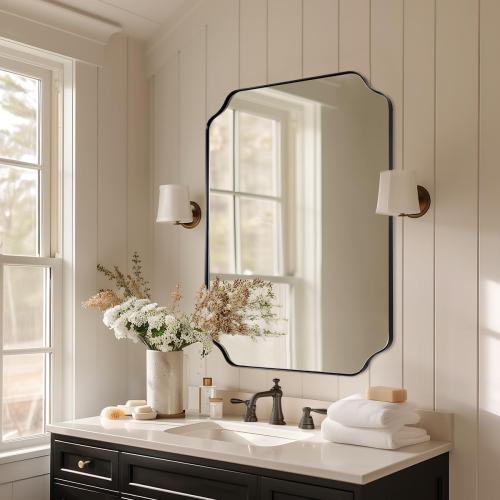 ANDY STAR Black Bathroom Mirror, 22x30 Inch Asymmetrical Mirror, Irregular Wall Mirror in Stainless Steel Metal Frame, Modern Scalloped Mirrors Ideal for Bathroom, Bedroom (Horizontal/Vertical)