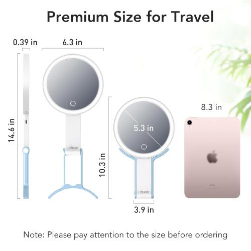 LitBear Travel Makeup Mirror with Lights, Rechargeable Double-Sided 10X/1X Magnifying Mirror, Portable Lighted Beauty Mirrors, 3 Color Lighting, Dimmable Touch Screen, Tabletop Handhold Hanging (Blue)