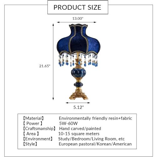 European Style Table Lamp with Fabric Lampshade Hand-Made Antique Varnished Resin Lampbody Victorian Style Table Lamp for Living Room Bedroom(Blue)