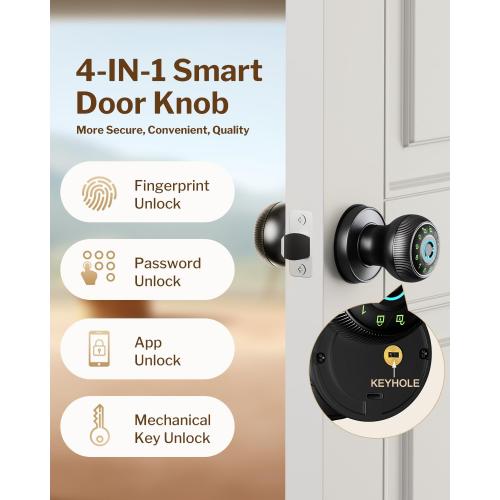 Fingerprint Door Lock - Smart Door Knob with Passcode Keypad, Finger Print Biometric Door Knobs & App Control, Keyless Smart Door Lock for Apartment Bedroom Hotel Office (Black)