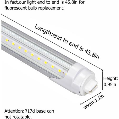 4FT T8 LED Tube Lights,36W 3600lm,Daylight White 5000K,R17d Base,45.8 inches End to End,60W F48T12 CW HO Fluorescent Bulb Replacement,Ballast Bypass,Dual-Ended Power for Sign,Shop,Pack of 6