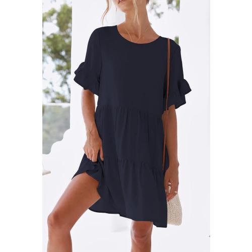 Size XL Color Dark Blue nclook Womens Summer Casual Dresses Sweet Cute Crew Neck Mini Dress with Pockets Ruffle Short Sleeve