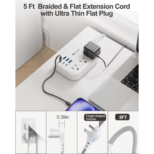 6 USB(3 USB C) Power Strip- Travel Power Strip with 6 USB Desktop Charging Station 24W/4.8A and 3 Outlets, 5Ft Flat Plug Braided Extension Cord, Non Surge Protector for Cruise Ship Travel Office Dorm