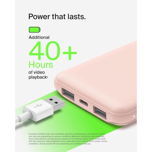 Belkin Portable Charger, USB-C Power Bank 10000 mAh w/ 1xUSB-C & 2xUSB-A Ports, 15W w/ Type-C to Type-A Cable for iPhone 16, 16e, Samsung Galaxy S25, Nintendo Switch 2 & More - Rose Gold