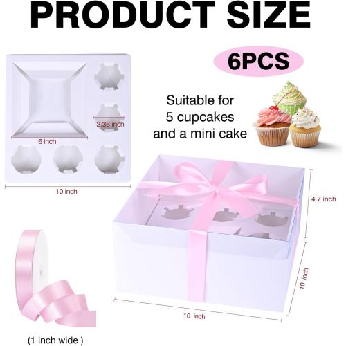 6 Packs 1 5 bento cake box with cupcakes,full clear lid,1 small Cake and 5 Cupcakes Box,Pink ribbon and Stickers for Family Birthday Party Mother's day (Pink ribbon)