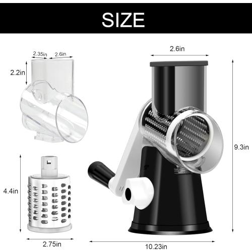 Cambom Rotary Cheese Grater Hand Crank Cheese Shredder for Fresh Cheese, Vegetable, Nuts,Non-slip Suction Base, Free Cleaning Brush Three Blades, Black