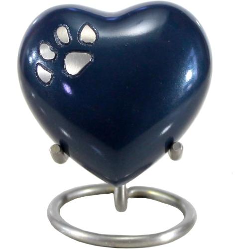 eSplanade Brass Mini Cremation Heart-Shaped Keepsake Memorial Jar Pot Container | Small Urn for Funeral Ashes Burial | Paws Engraved Metal Keepsake with Stand | Dark Blue - 2.75 Inches