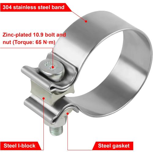 2.5 Inch Exhaust Clamp, 2.5 Narrow Band Muffler Clamp, Stainless Steel, 2pcs
