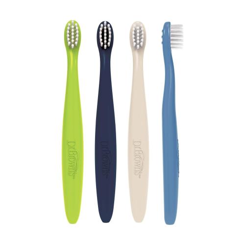 Dr. Brown's Infant-to-Toddler Toothbrush Set, Soft & Gentle Manual Toothbrushes for Baby, Green/Dark Blue/Ecru/Blue, BPA Free, 0-3 Years – 4-Pack