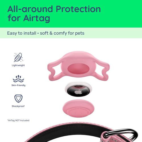 Premium Airtag Dog Collar，with IP68 Waterproof AirTag Holder,Pink,M