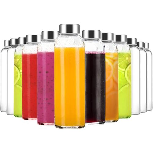 Luxfuel 18 oz Clear Glass Water Bottles with Lids, Reusable Glass Juice Bottles with Stainless Steel Cap for Juicing, Refrigerator,100% Leak Proof, BPA Free, Set of 24