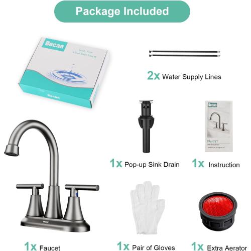 Gold 4 Inch Bathroom Faucets for Sink 3 Hole, Faucet for Bathroom Sink with Pop-up Drain & Supply Hoses, 2-Handle 360 Swivel Spout Stainless Steel Lead-Free, Centerset Faucet for Vanity Lavatory