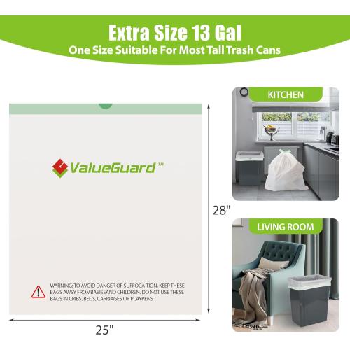 ValueGuard Large Trash Bags 13 Gallon Tall Kitchen Drawstring 100% Post-Consumer Recycled Garbage Bags Waste Bag for Office 0.6 Mil (110 Count)