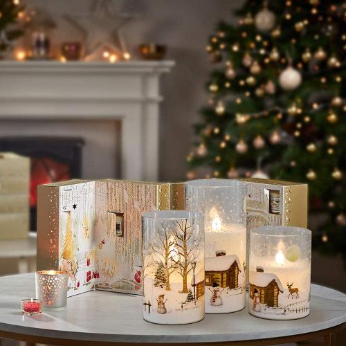 DRomance Snowman Glass Flameless Candles Battery Operated with Remote and Timer Real Wax LED Flickering Pillar Candles White Cold Light Window Christmas Holiday Decor D3 x 4,5,6