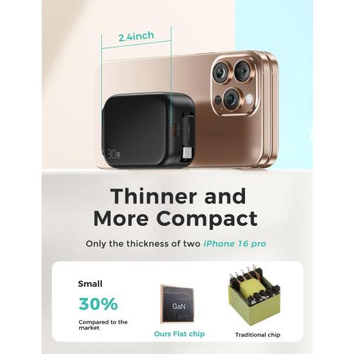 2-in-1 Retractable Wall Charger Plug with USB C Port and 27in/70cm Type C Cable,Travel Essentials 30W Fast Charging Foldable Block for iPhone 16/15/,iPad,Galaxy,Pixel-Black