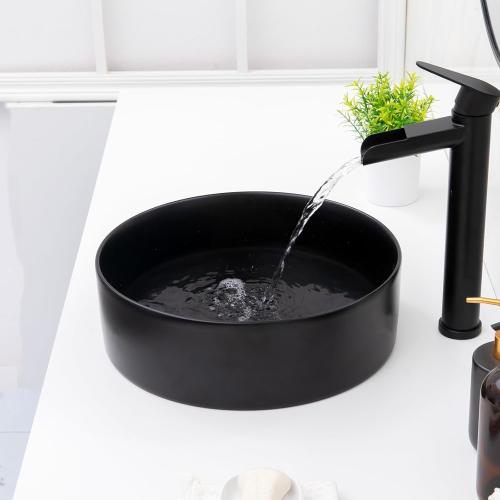14x14 Round Bathroom Vessel Sink Black, Small Bathroom Sinks Modern Above Counter Ceramic Countertop Vessel Vanity Sink, Lavatory Vanity Art Basin, Countertop Bathroom Sink (missing piece)