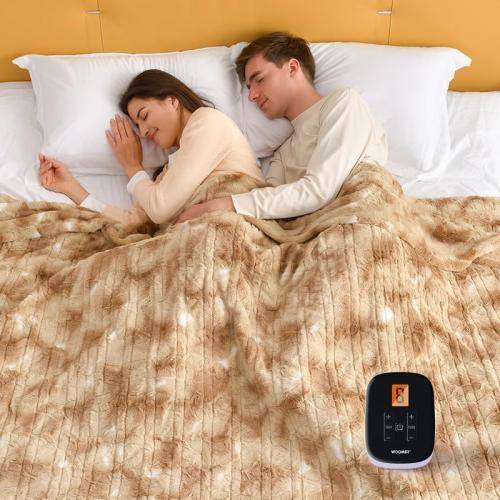 WOOMER Electric Blanket Twin Size 62 x 84, Heated Blanket with 0.5-12 Hours Timer & 10 Heating Levels, ETL Certified, Beige Double-Sided Faux Fur, Over-Heat Protect, Machine Washable