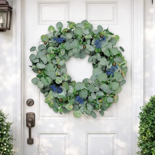 22 Inch Eucalyptus Wreath with Olive Leaves and Berries All Year Round, Handmade Green Spring Summer Wreaths for Front Door Indoor Outdoor Wedding Holiday