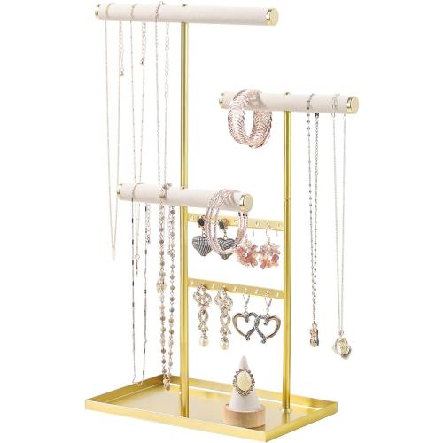 Coward 3 Tier Necklace Bracelet Earring Holder Stand, Jewelry Display Organizer with Tray, Velvet T-Bar Necklace Organizer Stand, Multi-use Metal Jewelry Holder Rack for Men Women (Gold)