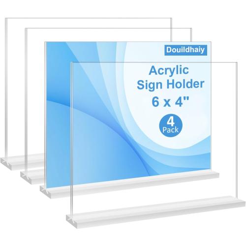 4 Pack Acrylic Sign Holder 4 x 6 Horizontal ,T Shape Double Sided Table Menu Stands,Clear Paper Display Stands for Table Numbers,Photo Frames,Office,Restaurant -Landscape