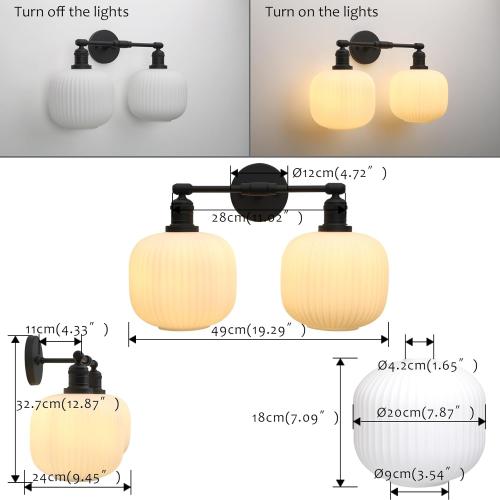 Pathson 2 Lights Milk White Globe Wall Sconce, Hardwired Antique Double Sconce for Living Room Home Decor, Striped Glass Bathroom Vanity Light, E26 Bulb Base