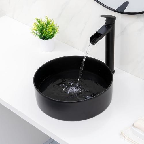 14x14 Round Bathroom Vessel Sink Black, Small Bathroom Sinks Modern Above Counter Ceramic Countertop Vessel Vanity Sink, Lavatory Vanity Art Basin, Countertop Bathroom Sink (missing piece)
