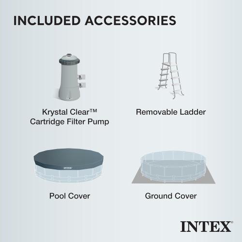 Intex Prism Frame 15' x 48 Above Ground Swimming Pool Set with Filter Pump, Ladder, Pool Cover, and Maintenance Pool Cleaning Kit with Vacuum Skimmer