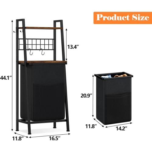 Furnulem Laundry Hamper, Vertical Laundry Basket with 2 Tiers Wooden Shelf and Hooks, Clothes Hamper with Pull-Out and Removable Bag for Bathroom, Bedroom, Dorm, 13.21 Gallons (50L)