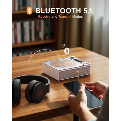 Leapwell CD Player Portable Bluetooth Desktop CD Players for Home with Speakers Rechargeable Small Retro CD Player with LCD Screen Optical USB White