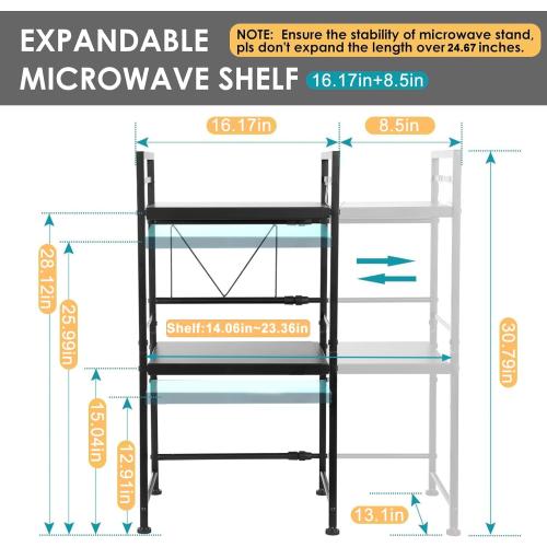 DOLALIKE Expandable Microwave Rack, Countertop Kitchen Utensils Tableware Storage, Carbon Steel 3 Tier Shelf with 3 Hooks