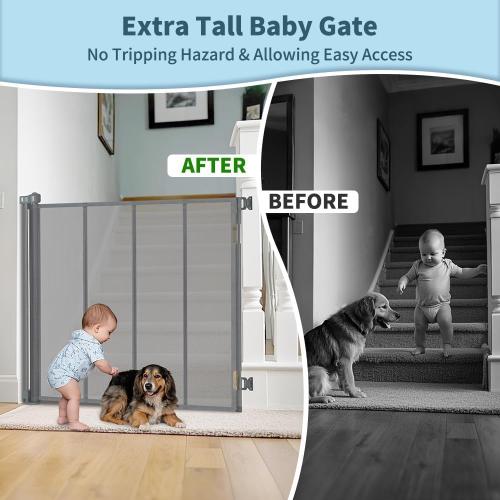 47” Extra Tall Retractable Baby Gate, Reinforced Mesh Dog Gate Extends to 59 Wide, Baby Gate for Stairs, Doorways, Hallways, Indoor and Outdoor, Grey