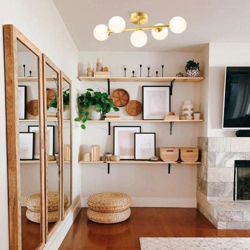 Bathroom Vanity Lights, 5-Light Bathroom Light Fixtures, Mid Century Modern Brass Bathroom Light Ceiling Light, Wall Sconces Semi-Flush Mount Light Fixture with Milk Globe Glass, Brass Gold, G9 Base