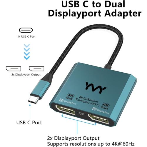 USB C to Dual DisplayPort Adapter, YMY Dual Monitor Connector 4K 60Hz, Type C to DP Screen Splitter for 2 Monitors Compatible with MacBook Pro/Air, Pad, Surface, Dell, Galaxy, Chromebook