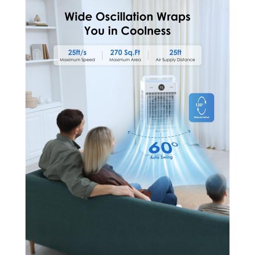 Swamp Cooler, 3-IN-1 Evaporative Air Cooler with Display & Remote, Windowless Portable Air Conditioners with Ice Cooling, 12H Timer, 6 Speeds, 60° Oscillation, Air Cooler Fan for Home Office