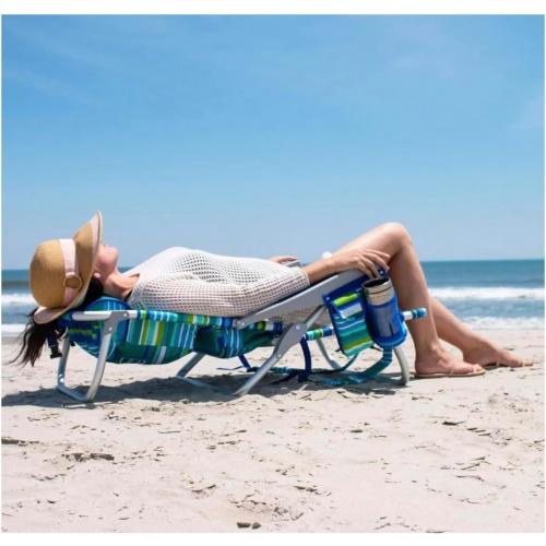 Tommy Bahama 5 Position Beach Chair, Zippered Insulated Cargo Pouch, Cup and Cell Phone Holders, Towel Bar, Pillow for Extra Comfort, Heavy-Duty Weight Capacity, 2-Pack (Aqua Stripes)