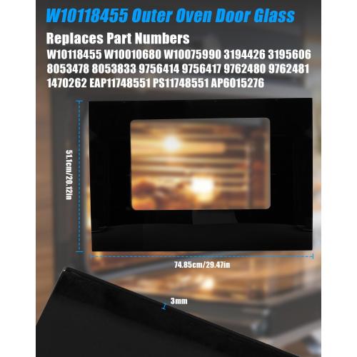 Upgraded W10118455 Outer Oven Door Glass Fit for Whirlpool Kenmore KitchenAid Amana, Range Door Glass Replace WPW10118455 W10010680 W10075990 1470262 EAP11748551 Exterior Door Glass