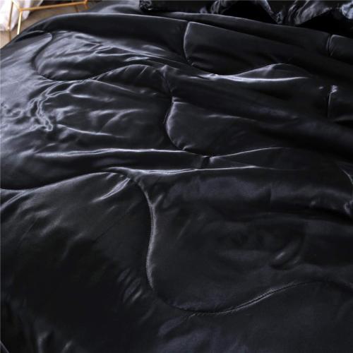 Satin Comforter Set Queen Black, Soft Lightweight Microfiber Luxury Sexy Quilted Bedding Sets with 2 Matching Pillow Covers for Summer Spring Autumn
