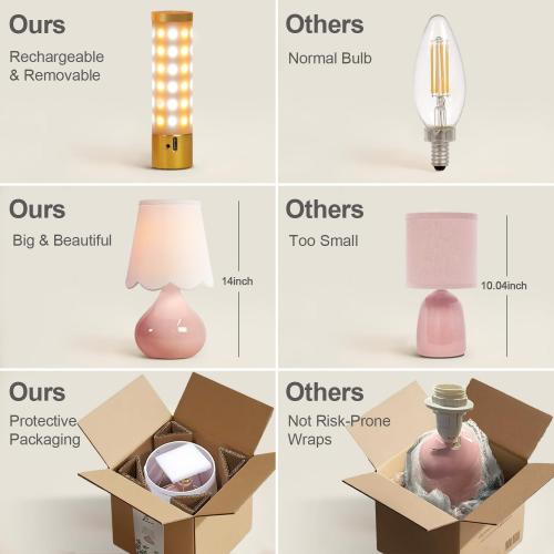 14''H Cordless LED Ambient Table Lamp, Rechargeable Ceramic Bedside Lamp with 3-Level Dimmable Soft Lighting, Linen Shade, Cozy Room Decor for Teens (Pink)