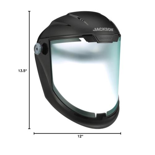 Black Jackson Safety Lightweight MAXVIEW Premium Face Shield - Mask with 370 Speed Dial Ratcheting Headgear, ANSI Z87.1, for Work, Grinding, Cutting - Anti Fog Coating - Clear Tint