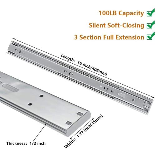 LONTAN 16 Inch Soft Close Drawer Slides 1 Pair Side Mount Heavy Duty Cabinet Drawer Glides Ball Bearing Full Extension Kitchen Cabinet Rails 100 LB Capacity