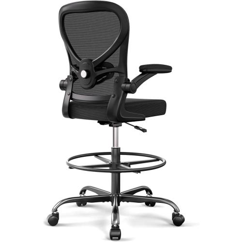 Alolo Drafting Chair,Big and Tall Office Chair with Footrest Ring,Ergonomic Chair for Counter Height and Standing Desk Comfy with Lumbar Support and Flip-up Armrests in Heavy Rolling Base,Black