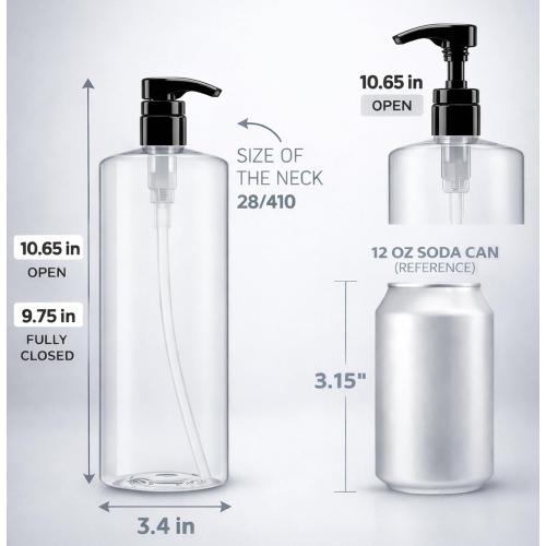 Bar5F Empty Pump Bottles 32 oz. (1-Liter) BPA-Free Crystal-Clear USA 2-Pack | Large Refillable Containers for Shampoo, Conditioner, Body Wash, Lotion, Gel, Laundry Detergent, Hand Soap