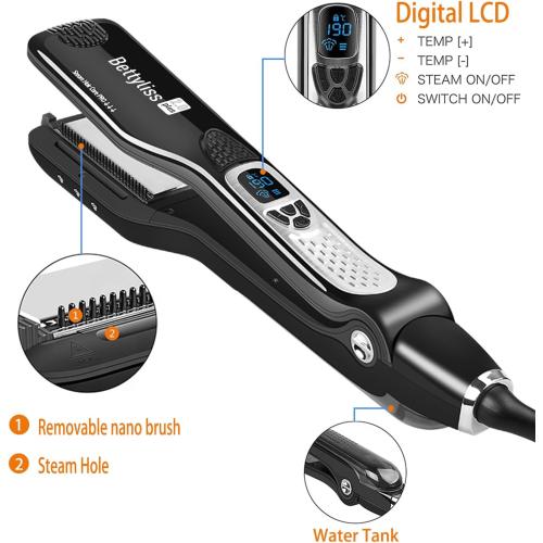 Black Steam Flat Iron Hair Straightener - Professional Hair Straightening Irons for Smooth and Frizz-Free Results (Black)